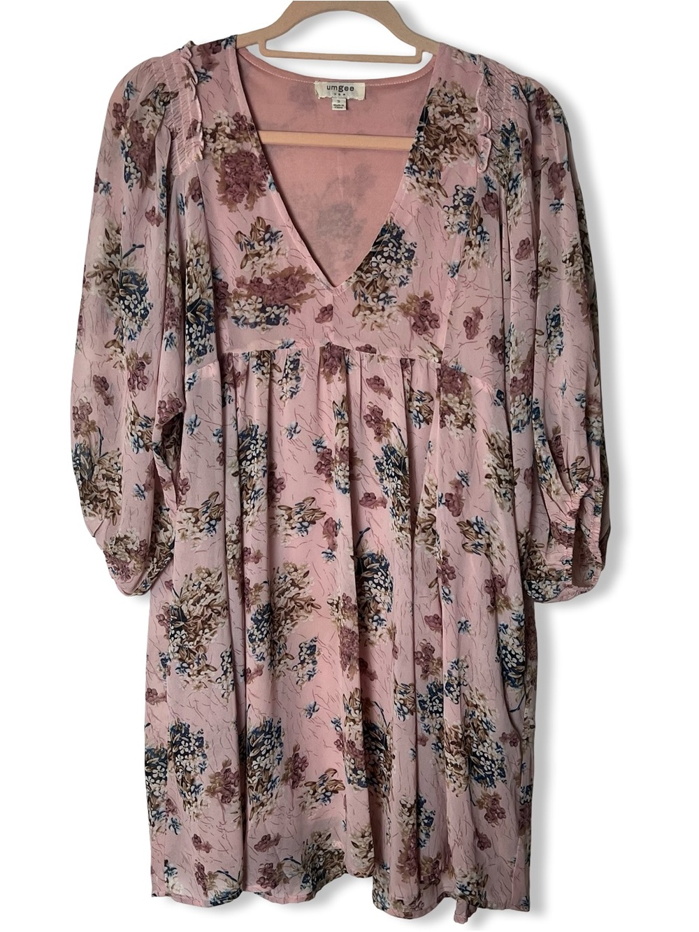 Umgee USA Floral Babydoll Mini Dress Pink Sheer Overlay V-Neck Sz. S